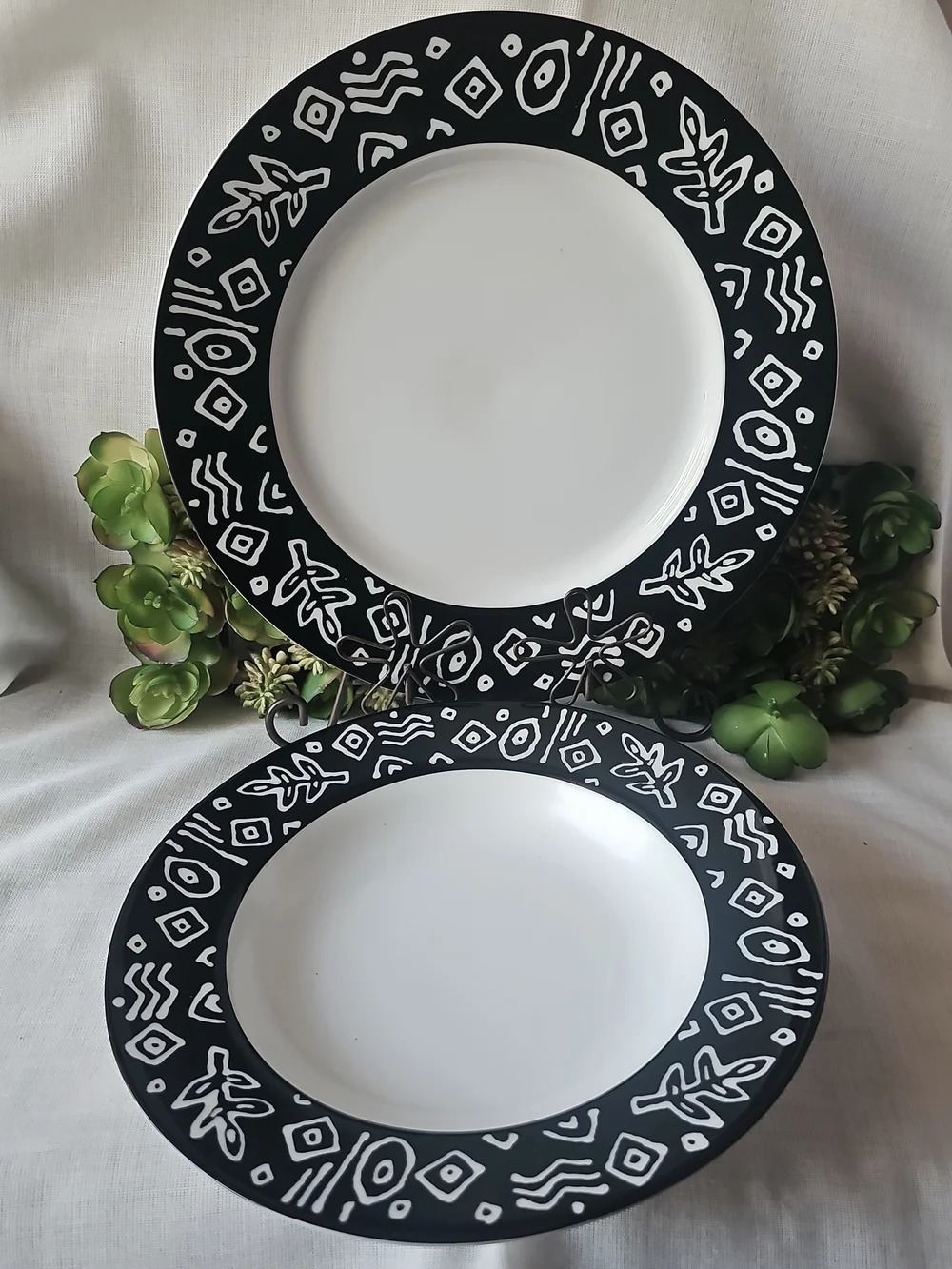 Pier 1 Black and White Tribal Rim Dinner Plate And Soup Bowl Set